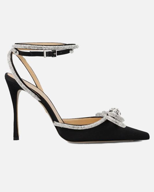 Rina Crystal Bow Satin Strap Pumps In Black