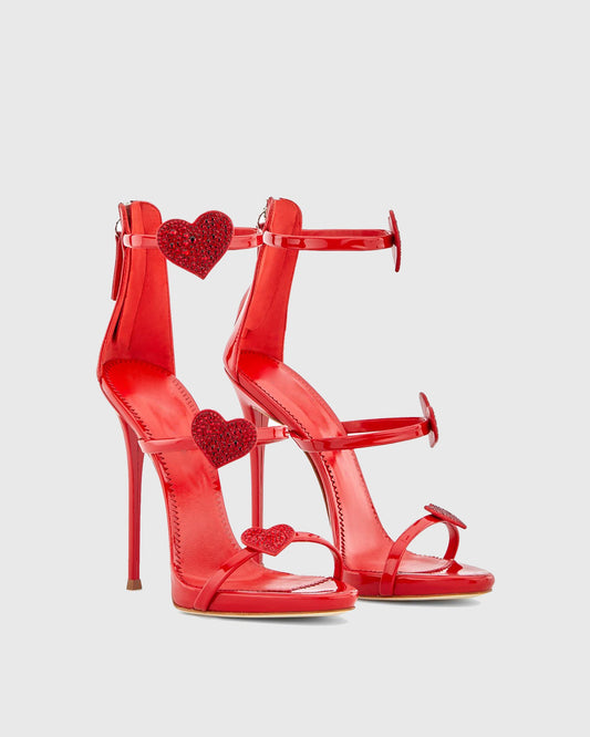 Rosalia Rhinestone Heart Strap Sandals In Red