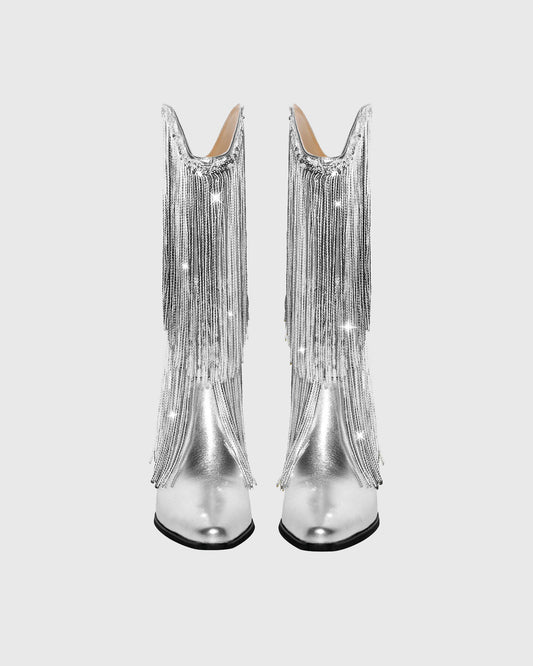 Rosana Rhinestone Fringe Leather Cowboy Mid Calf Boots In Silver