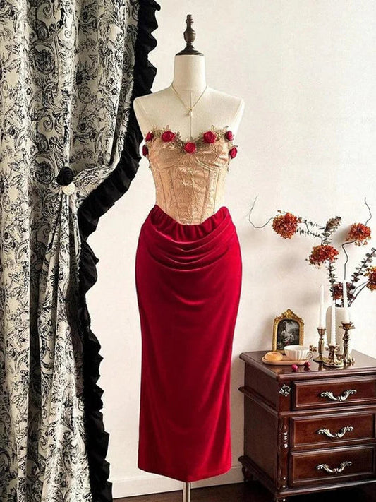 Vintage 3D Rose Sweetheart Prom Dress Red Velvet Sheath Evening Dress Long Formal Dress TP4670