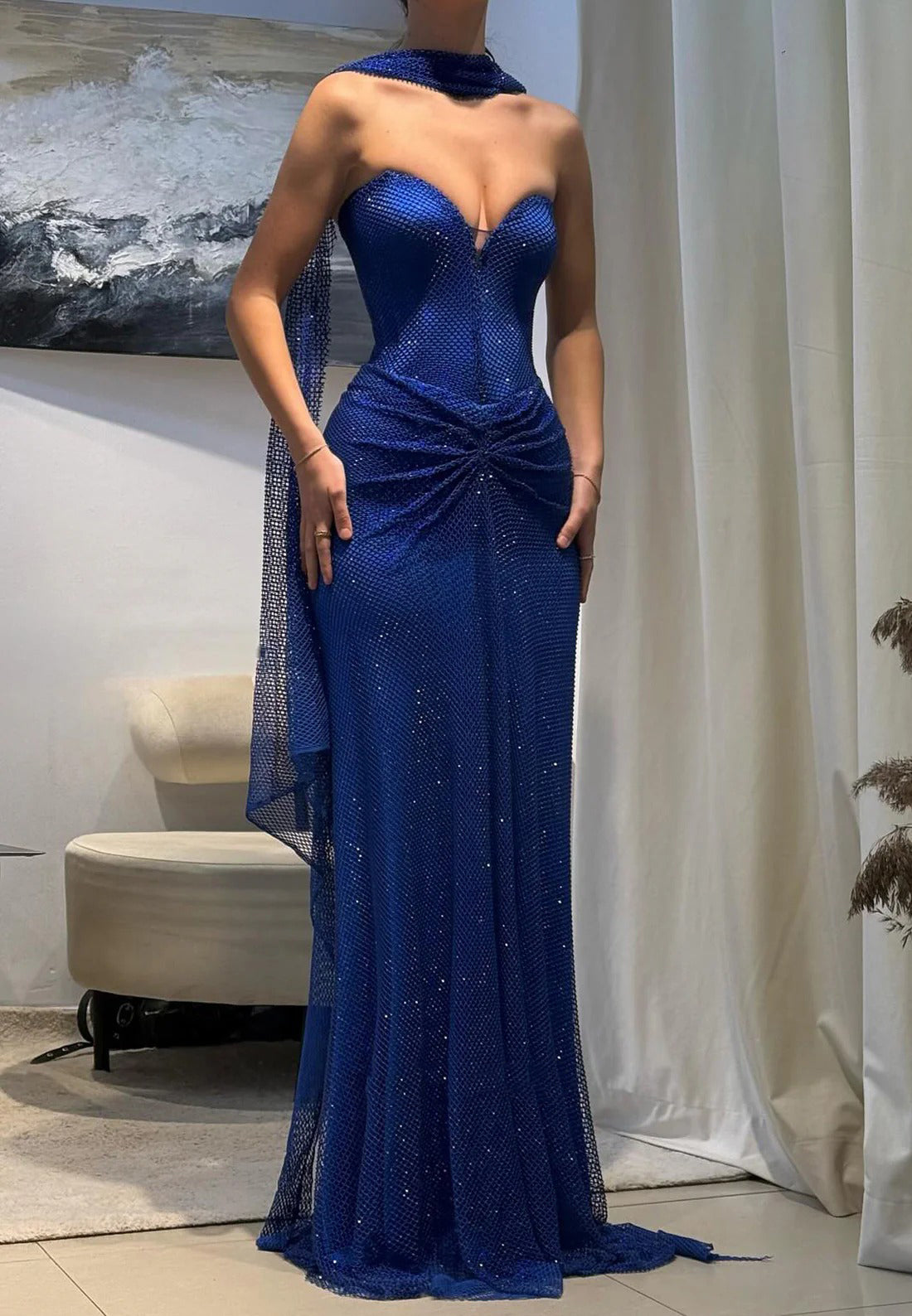 Glitter Royal Blue V-Neck Ruched Prom Dress Long Graduation Gown