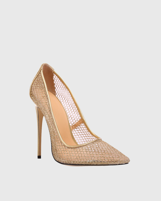 Sahar Sparkle Fishnet Pumps In Champagne