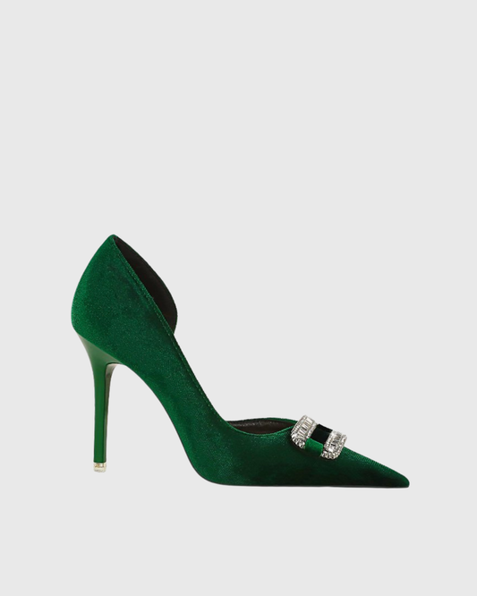 Saige Buckle Irregular Velvet Pumps In Green