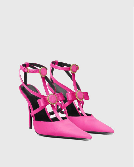 Sailor Buckle Gladiator Satin Pumps In Hot Pink