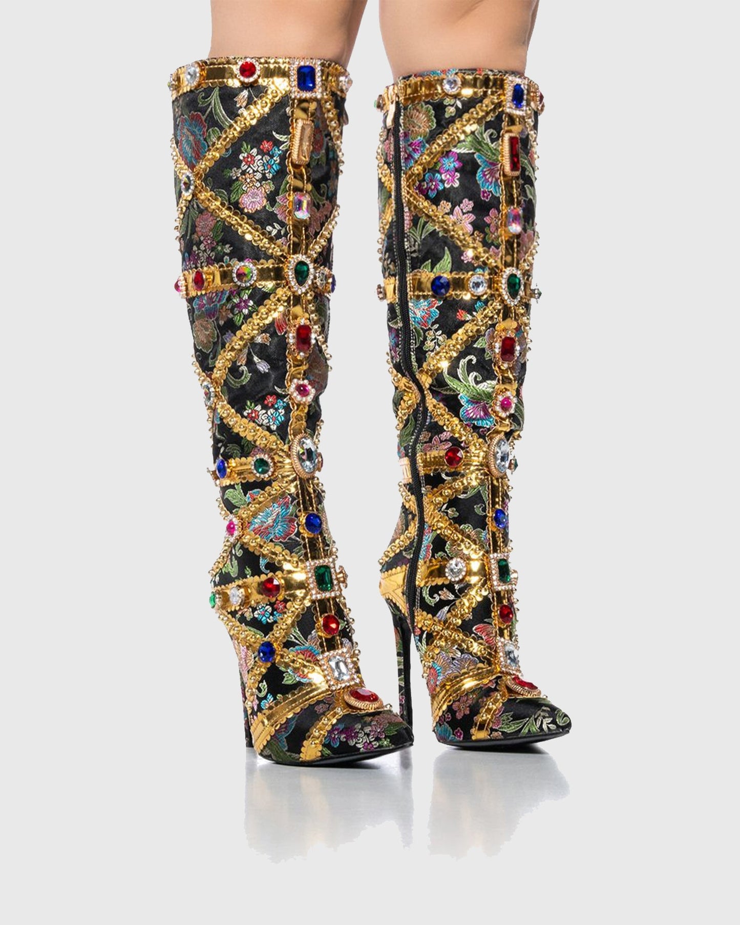 Sardinia Rhinestone Embroidery Knee High Boots In Black