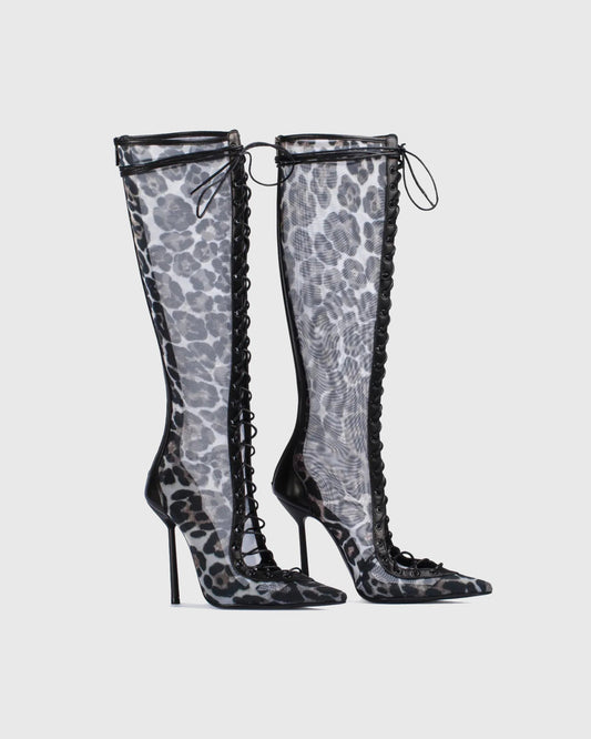 Agnola Leopard Print Mesh Lace Up Knee High Boots