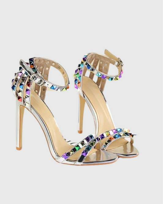Senta Rivet Metallic Strap Sandals In Silver