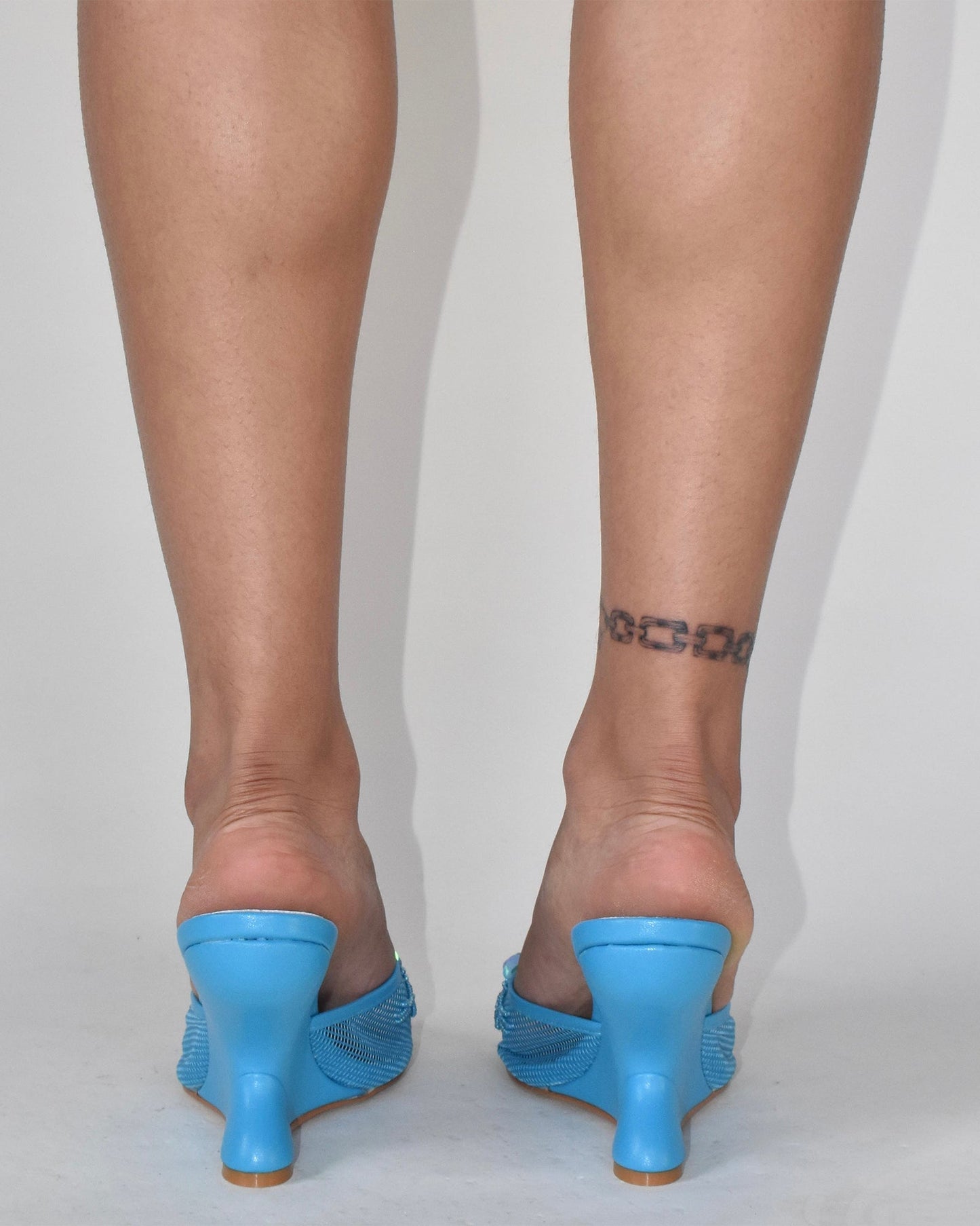 Shine Pearl Flower Mesh Wedge Mules In Blue