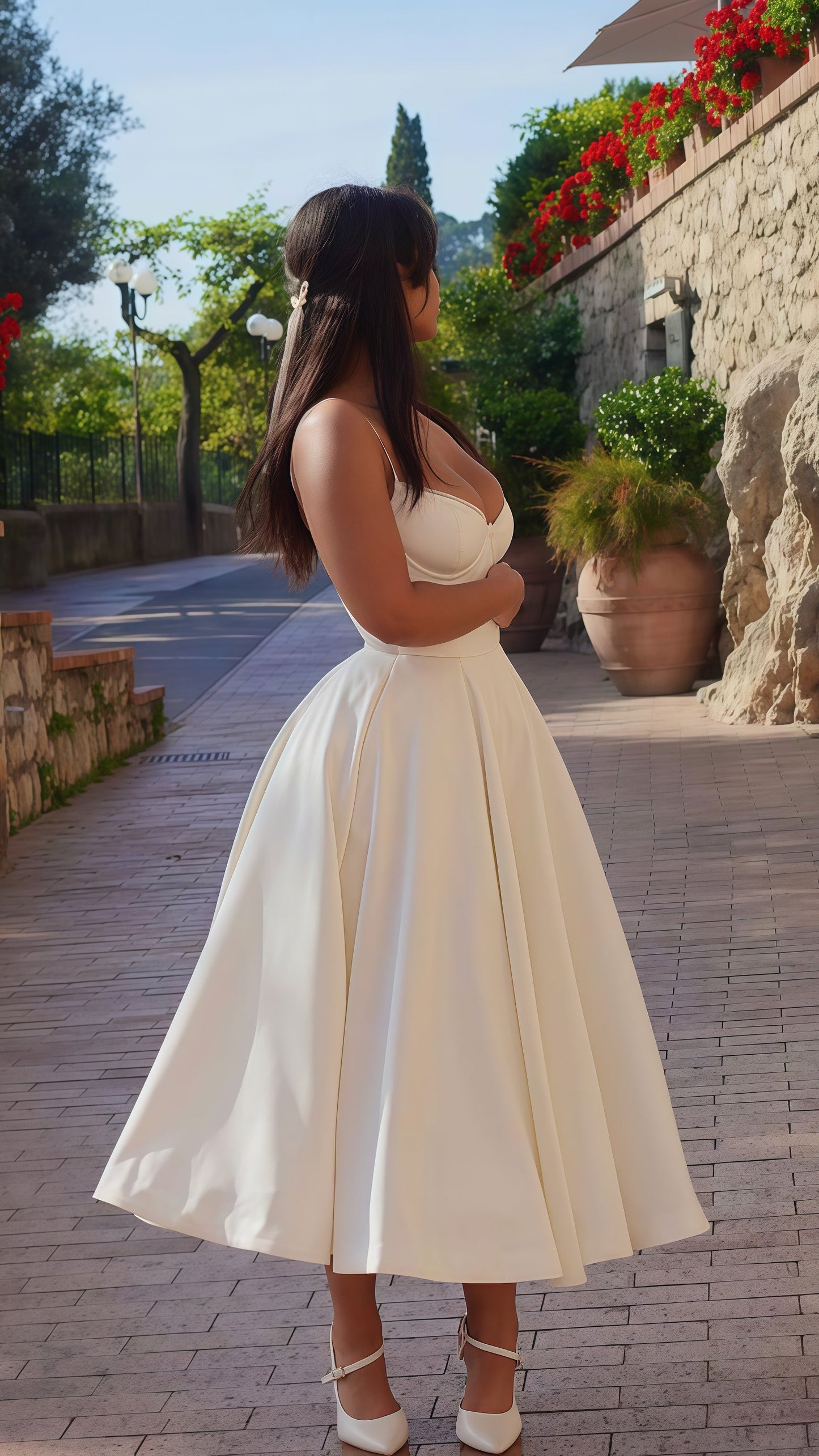 Spaghetti Straps Ivory A-Line Midi Dress, Sweetheart Bridal Party Dresses