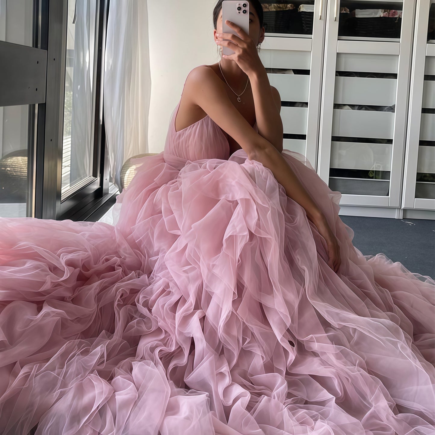 Spaghetti Straps Pink Ruffle Party Dress