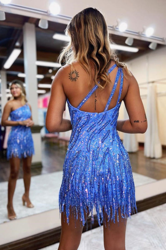 Sparkly One Shoulder Sequin Homecoming Dress with Tight Fit and Fringe Hem
