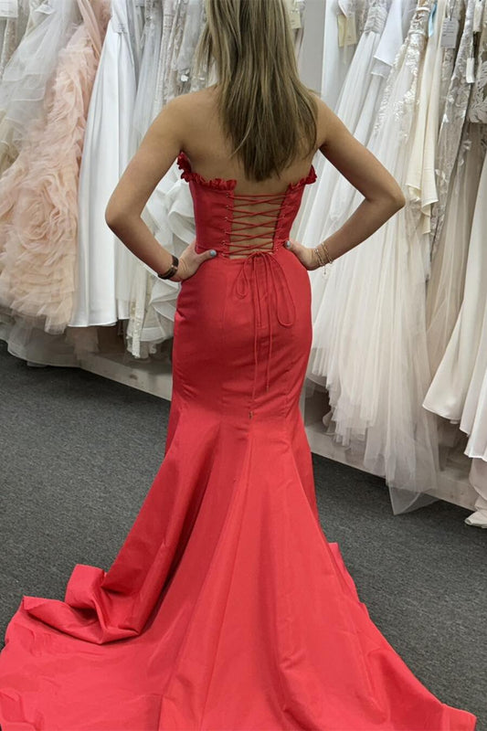 Classy Red Strapless Satin Mermaid Long Prom Dress with Slit