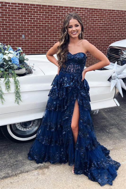 Gorgeous Navy Blue Tiered Tulle Long Formal Dress with Slit