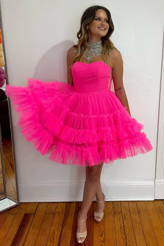 Strapless A-Line Tulle Homecoming Dresses With Ruffle Skirt