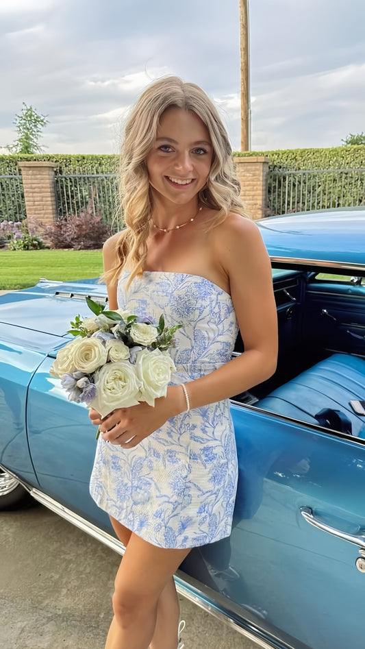 Strapless Floral Homecoming Dresses, Short Party Dress