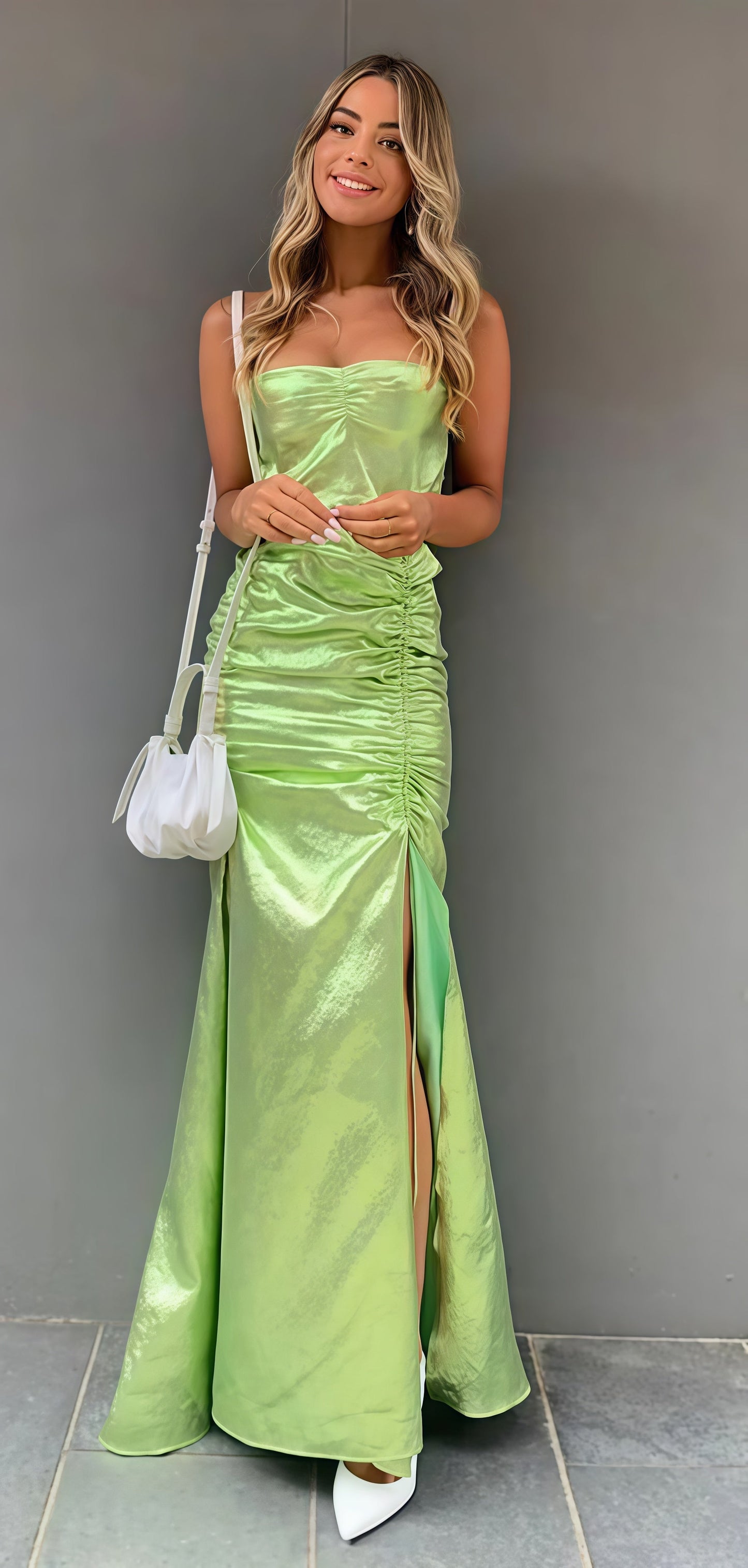 Strapless Green Sheath Long Party Dress With Side Slit
