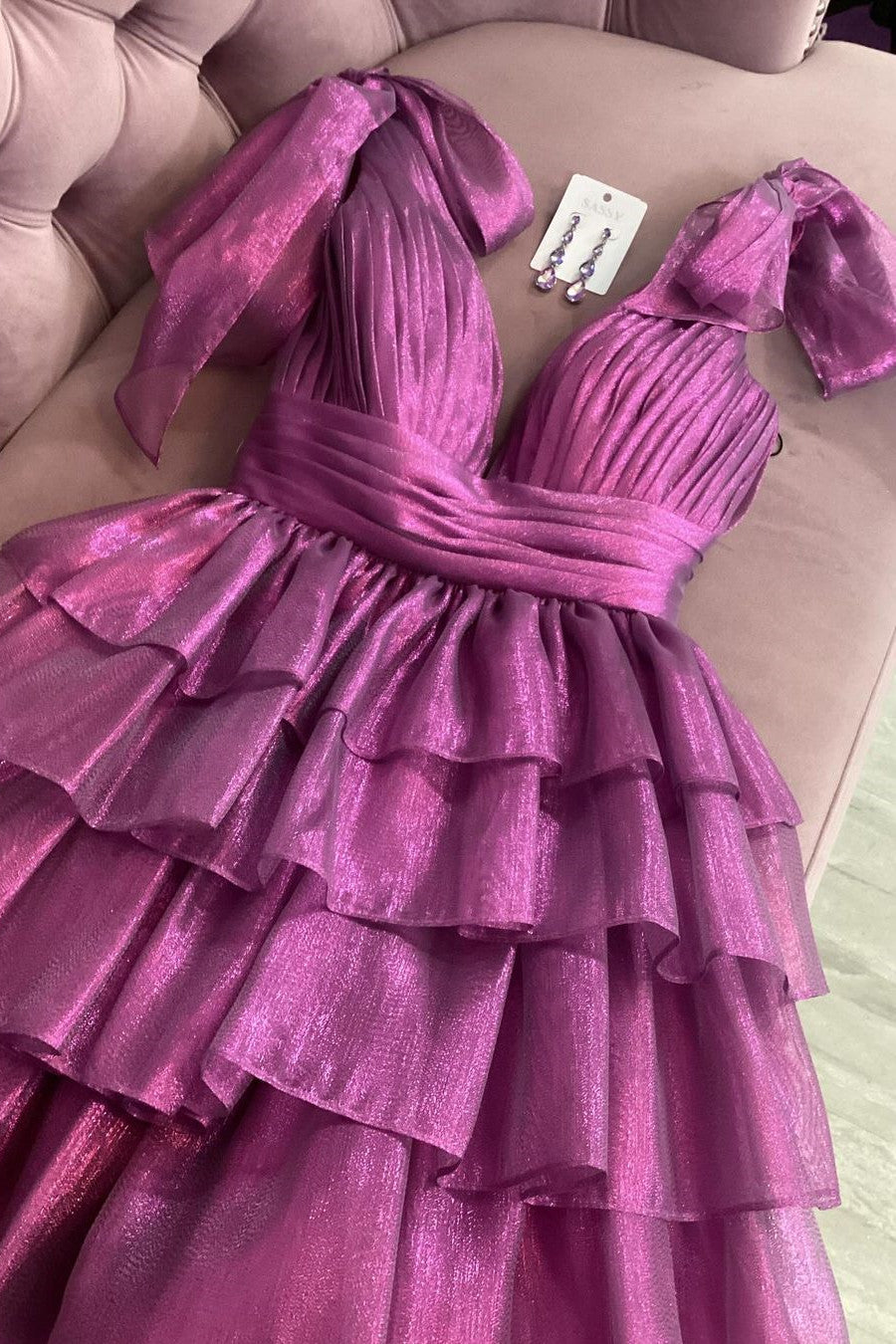 Stunning A-Line Silhouette with Deep V-Neck and Tiered Satin Skirt Homecoming Dress