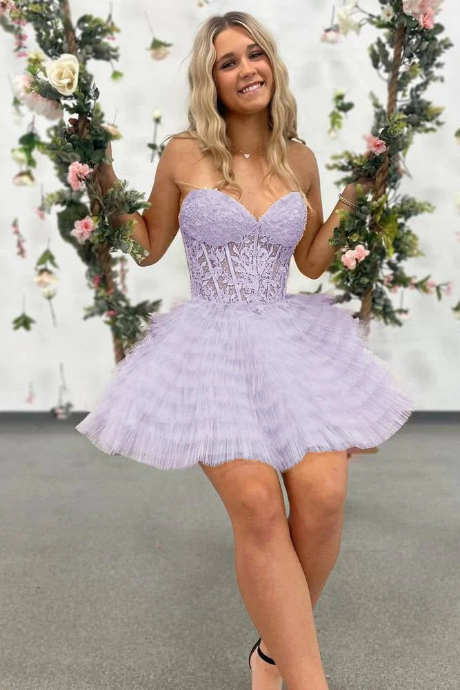 Stunning A-Line Short Tulle Dress with Sweetheart Neckline and Lace Up Back Homecoming Dress