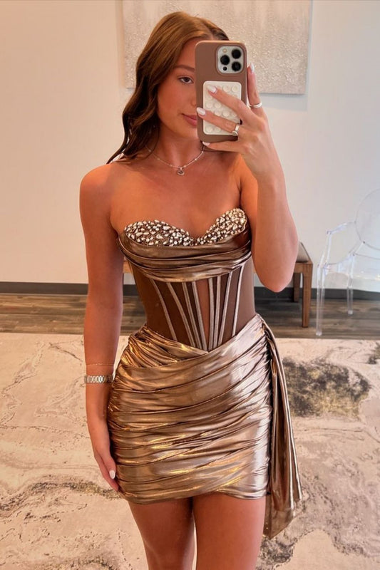 Stylish Gold Sweetheart Bodycon Short Metallic Dress with Beading Homecoming Dress