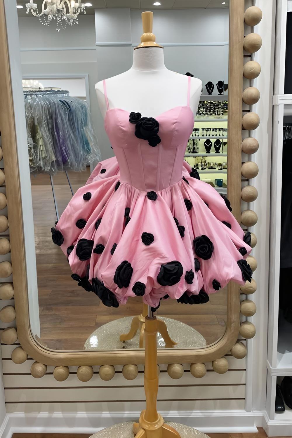 Sweetheart Pink A-Line Spaghetti Straps Homecoming Dress with Black 3D Flowers