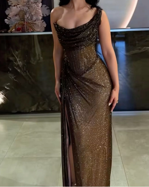 Sexy One Shoulder Black Mermaid Glitter Pleated Slit Long Prom Dresses TP1695