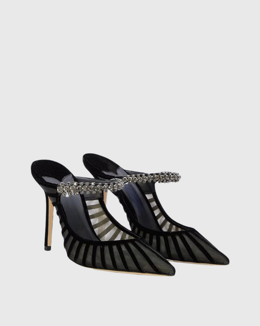 Terza Mesh Rhinestone Strap Mules In Black