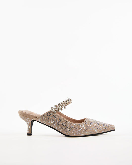Terza Rhinestone Strap Pearl Embellished Mules In Beige