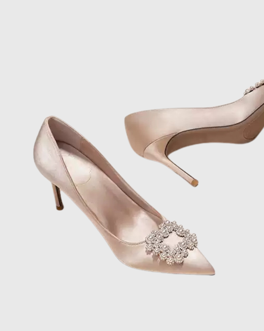 Vaike Rhinestone Buckle Satin Pumps In Champagne