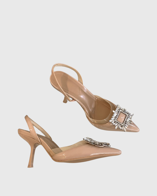 Vaike Rhinestone Buckle Slingback Pumps In Beige