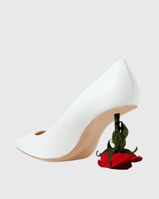 Venice Flower Heel Leather Pumps In White