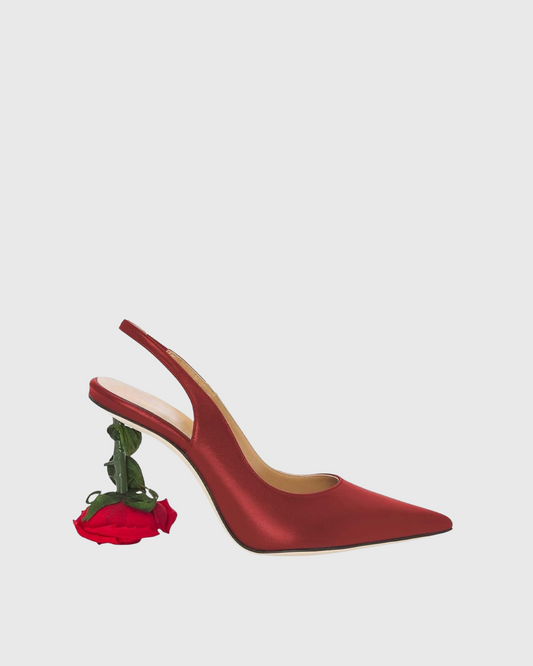 Venice Flower Heel Satin Slingback Pumps In Red