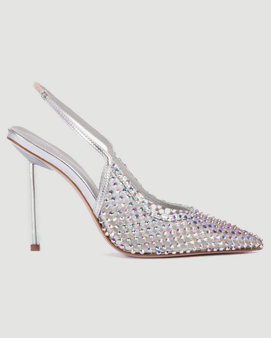 Vivia Rhinestone Embellished Mesh Slingback Pumps In White