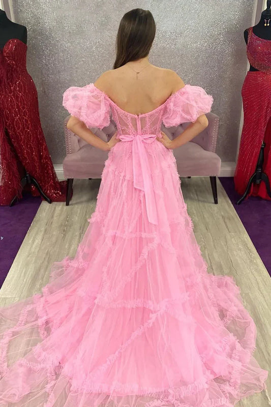 Off The Shoulder Pink Tulle Puffy A-Line Evening Prom Dress