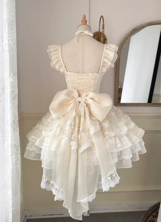 Vintage Beige Sweetheart Bow Lace-up Design A-line Tulle Tiered Party Dress Homecoming Dress TP4050