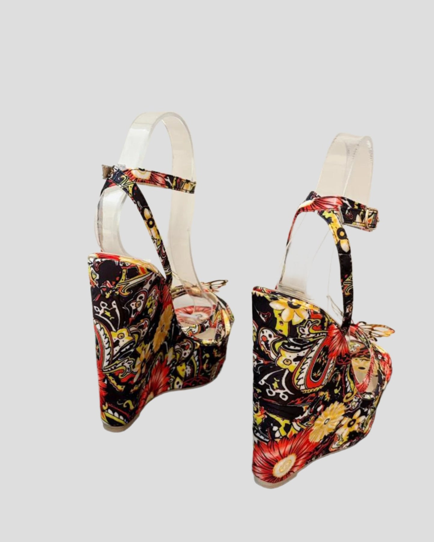 Xannon Metal Butterfly Floral Print Wedge Sandals