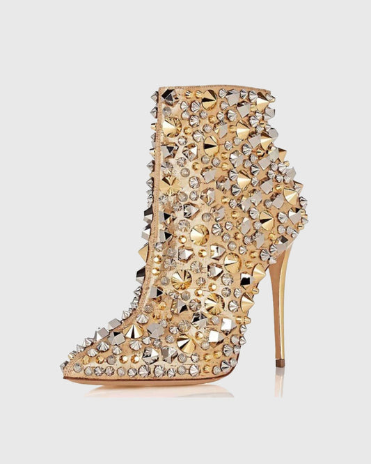 Xiola Rivet Embellished Ankle Boots In Gold