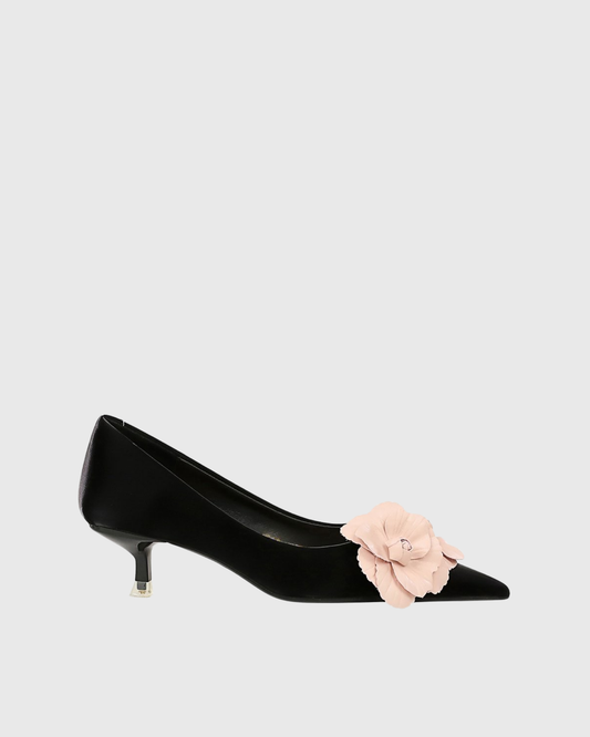 Yasmin Twin Flower Kitten Heels In Black