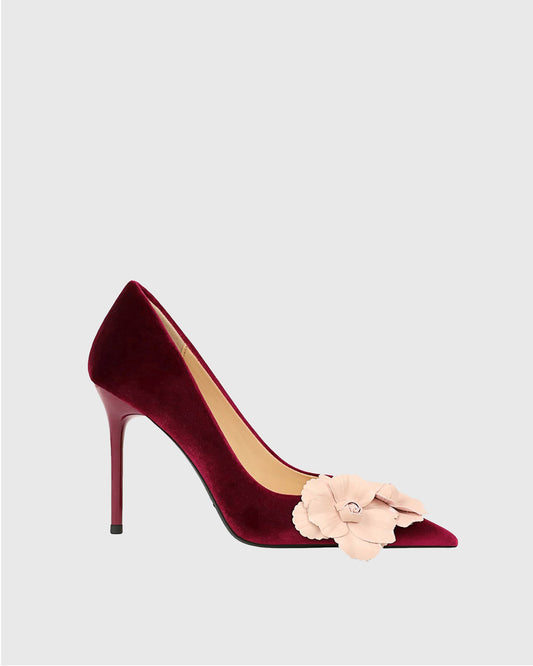 Yasmin Twin Flower Velvet Pumps In Red