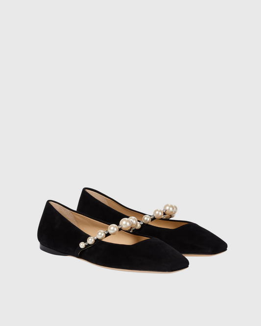 Yelena Pearl Strap Flats In Black