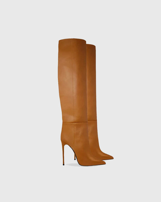 Yesenia Splicing Leather Knee High Boots In Brown