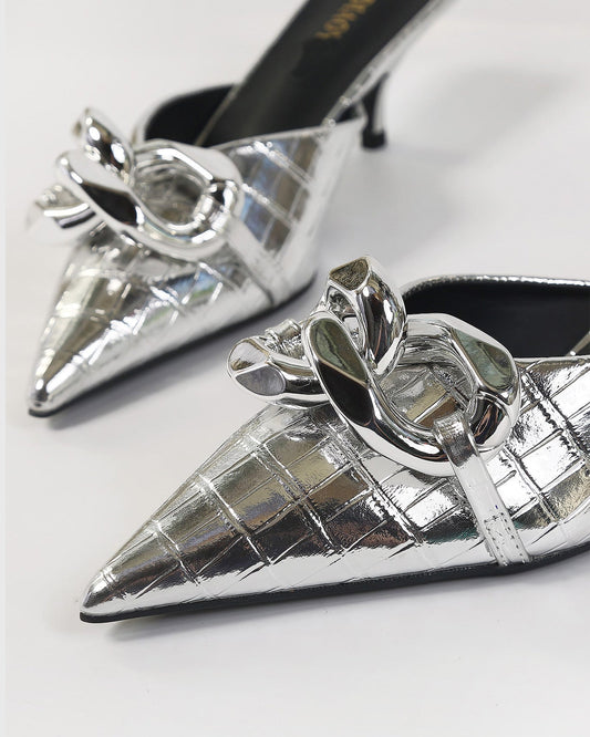 Zaria Chain Crocodile Texture Mules In Silver