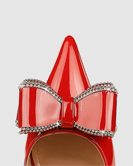 Zamora Rhinestone Bow Patent Leather Pumps In Red