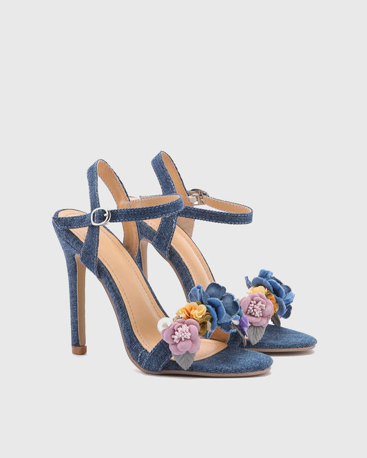 Zaryn Pearl Flowers Denim Sandals In Blue
