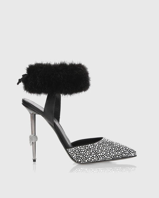 Zoe Rhinestone Faux Fur Strap Pumps