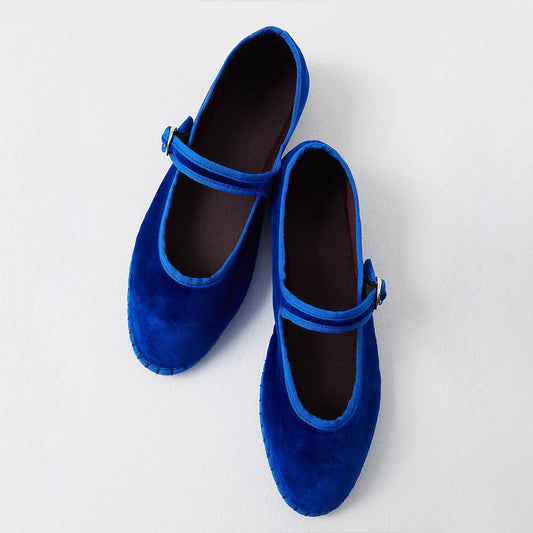 Blue Velvet Round Toe Buckle Strap Mary Jane Flats