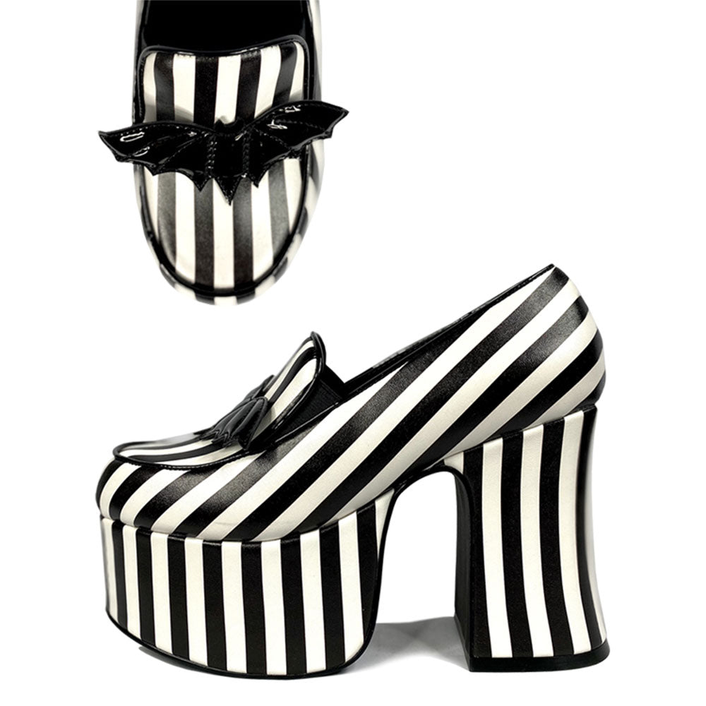 Black & White Stripes Chunky Heel Platform Loafers with Bat Decor