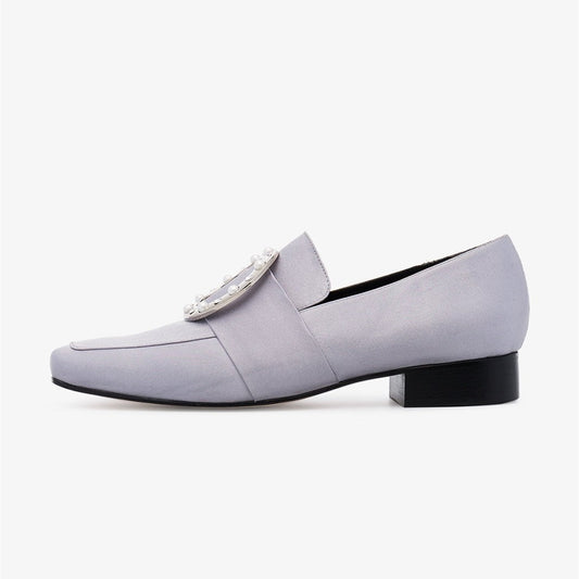 Silver Satin Square Toe Pearl Rhinestone Buckle Women's Loafers