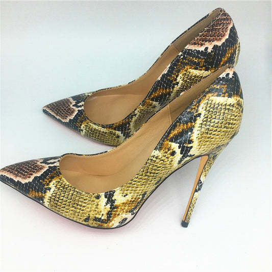 Women's Yellow Stiletto Heels Pointy Toe Python Pumps
