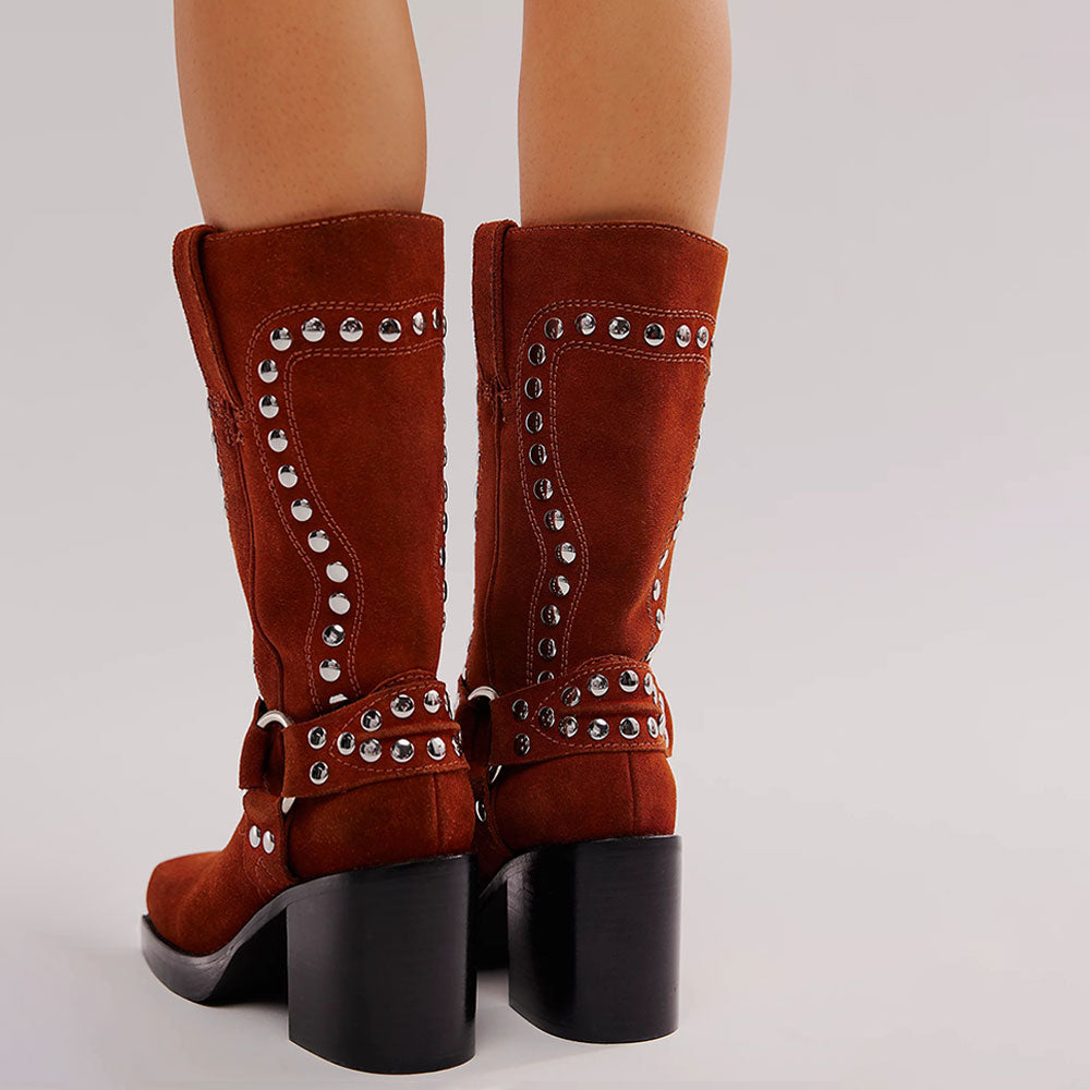 Maroon Studded Buckle Strappy Square Toe Block Heel Mid Calf Boots
