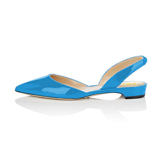 Blue Patent Leather Slingback Shoes Pointy Toe Comfortable Flats